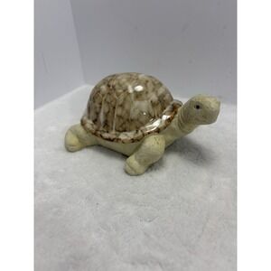 Turtle Figurine Glossy Shell Handcrafted Tan Brown Carmel‎ Ceramic Sculpture